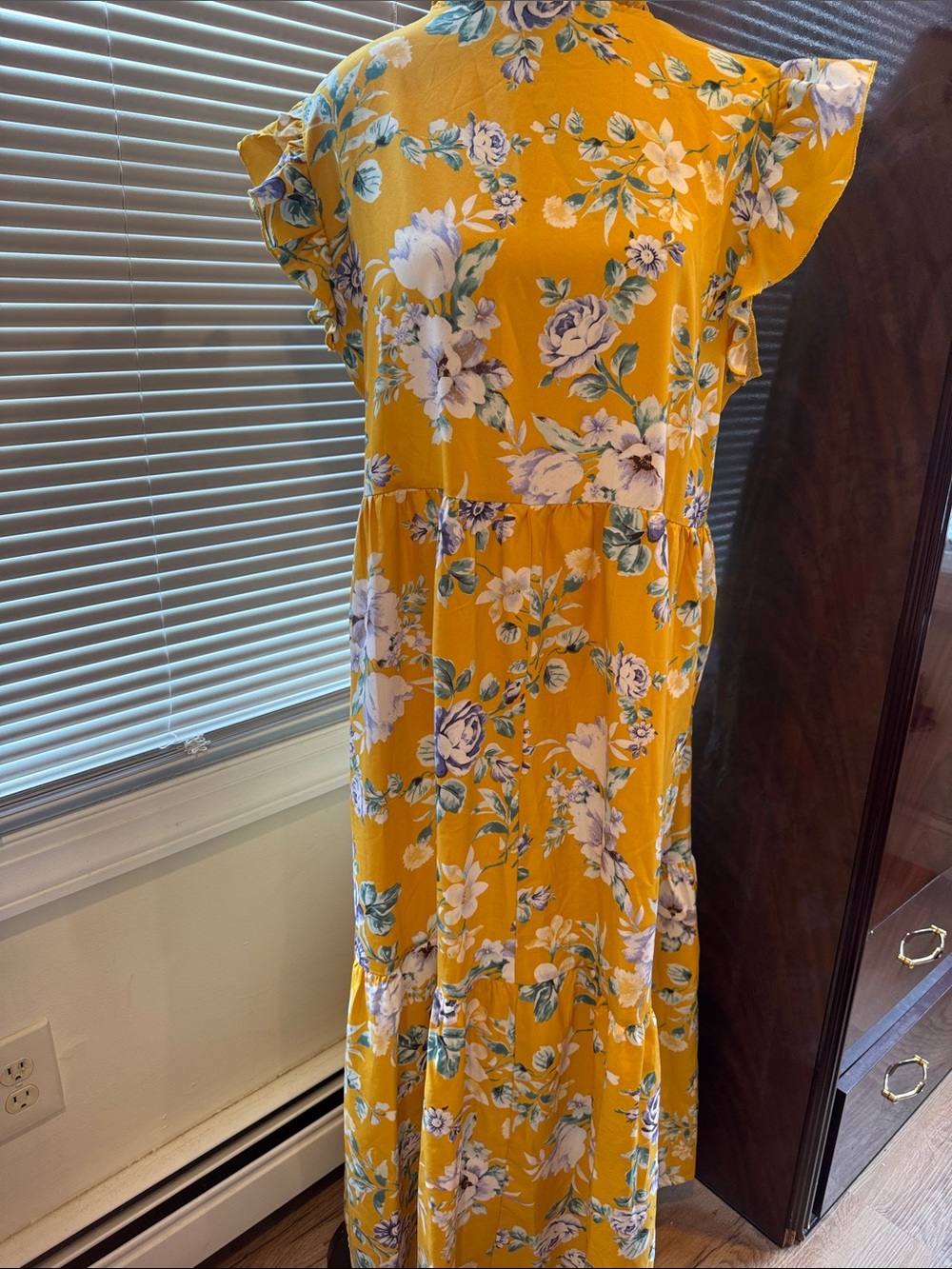 Mustard Floral Maxi Dress with Ruffle Sleeves